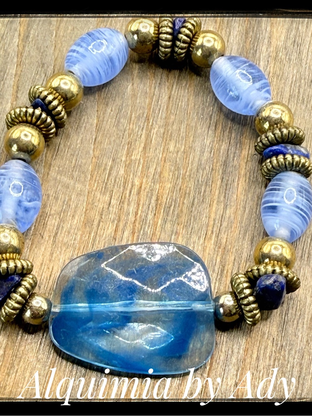 Lapis and  Blue Glass & Brass Accent Stretch Bracelet
